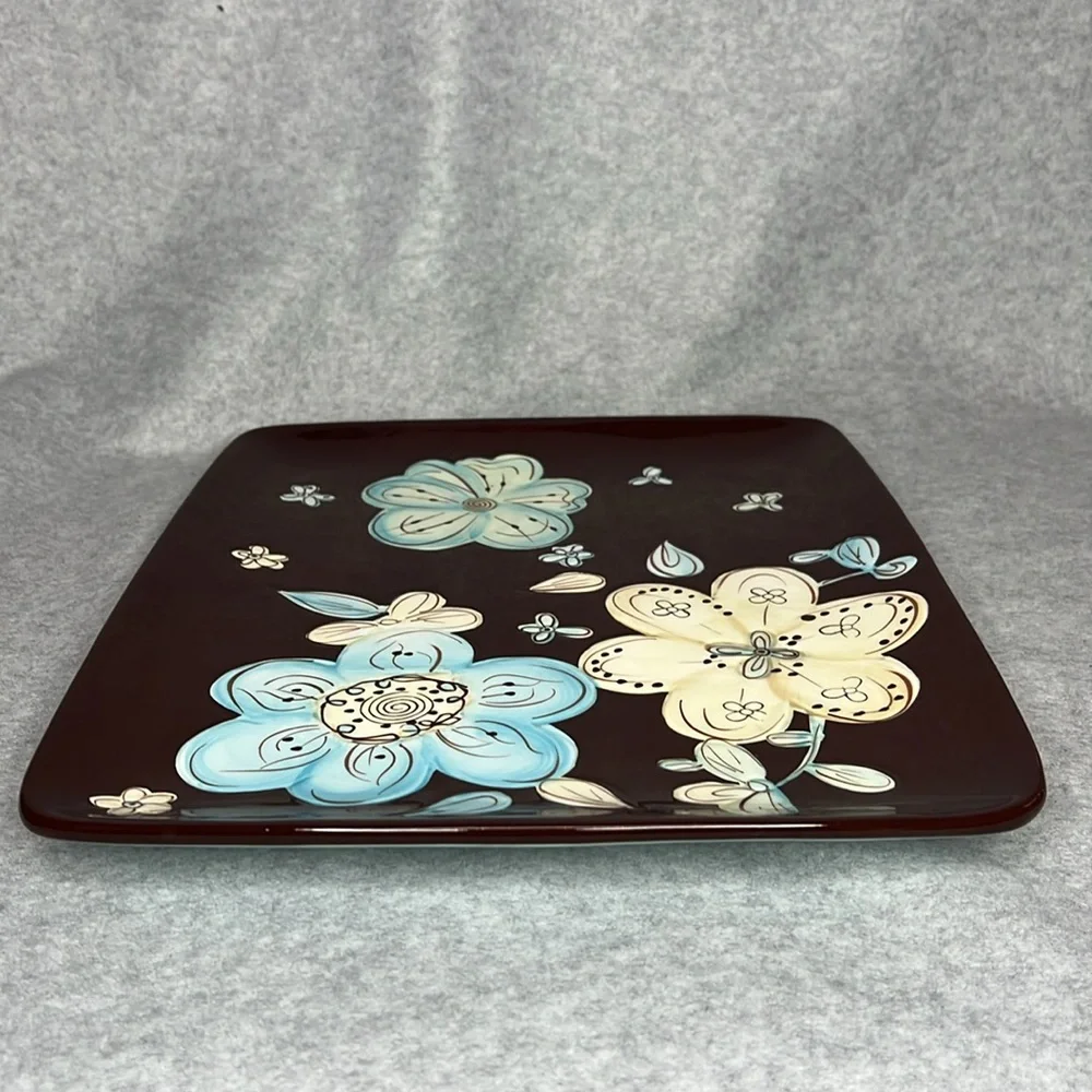 Pier 1 Imports Cassidy Platter Hand Painted Earthenware Brown White Blue Floral